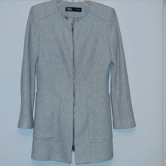 Zara long Blazer Chevron zip-up Pockets M Light Gray Preppy Workwear Wedding - Picture 3 of 6